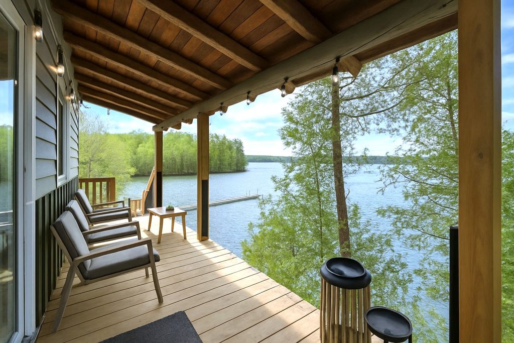 Lakeview Cabin upper deck with glass railing and outdoor seating.